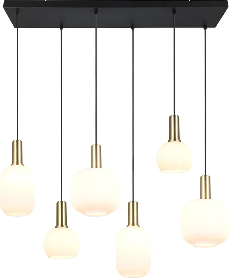 DIVA - Hanglamp - Wit glas - excl. 6x E27 8,5 W - Plafondbevestiging - In hoogte verstelbaar från Trio i Messing mat – produktbild