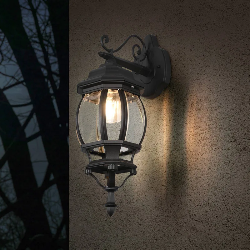 Elvo buitenwandlamp, fitting onderaan, mat zwart de Trio en Matzwart, Transparent – photo produit