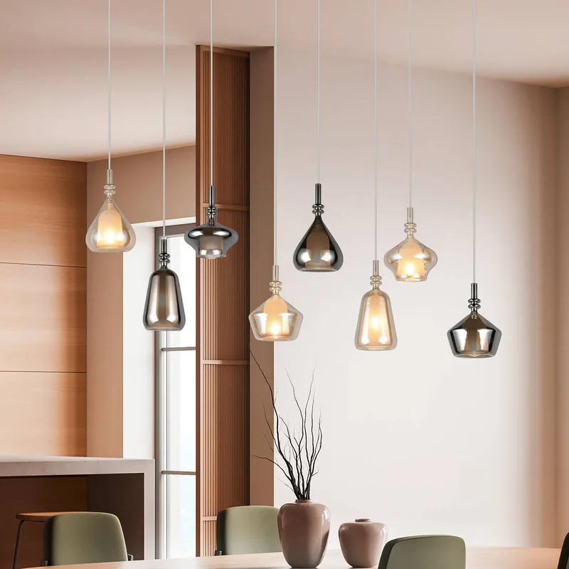 Hanglamp Aldea, lengte 115 cm wit/amber/chroom glas, 8-lamps. von Trio in Weiß, Amber, Chrom – Produktfoto