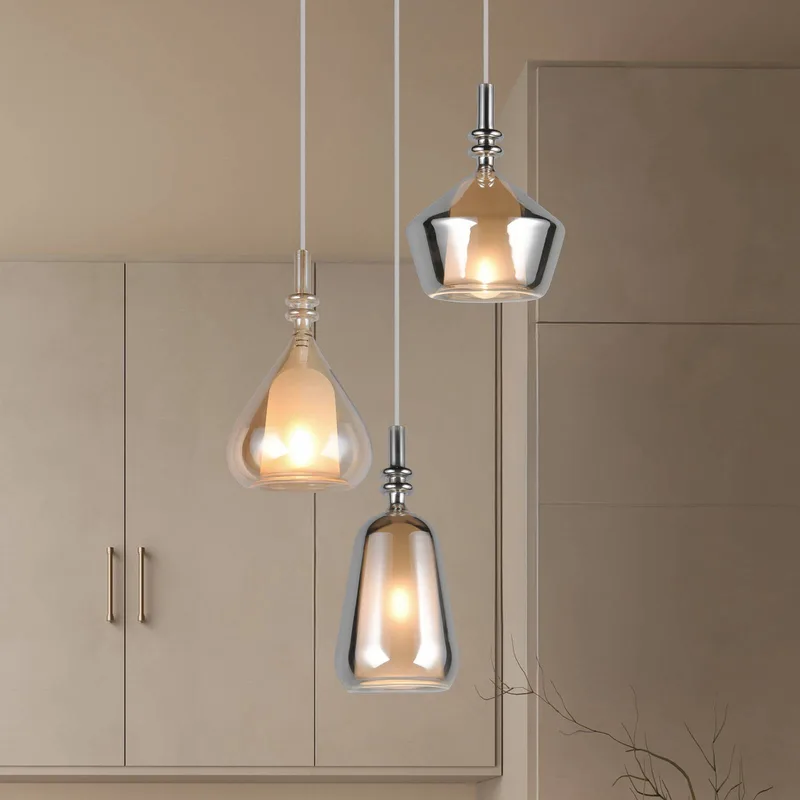 hanglamp Aldea, Ø 28 cm, wit/amber/chroom, glas, 3-lamps. de Trio en Blanc, Amber, Chrome – photo produit