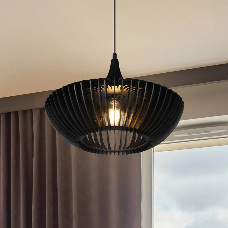 Hängelampe Colino aus Holzlamellen, schwarz von Trio in Schwarz – Produktfoto