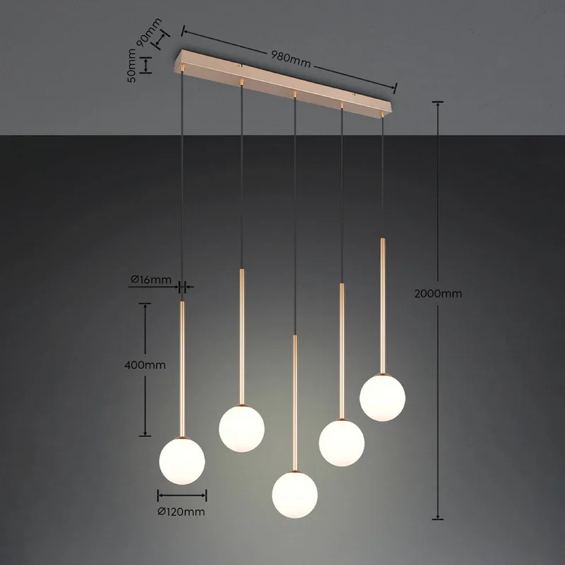 Hanglamp Firano, goudkleurig, lengte 107 cm, metaal, 5-lamps. von Trio in Gold, Weiß – Produktfoto