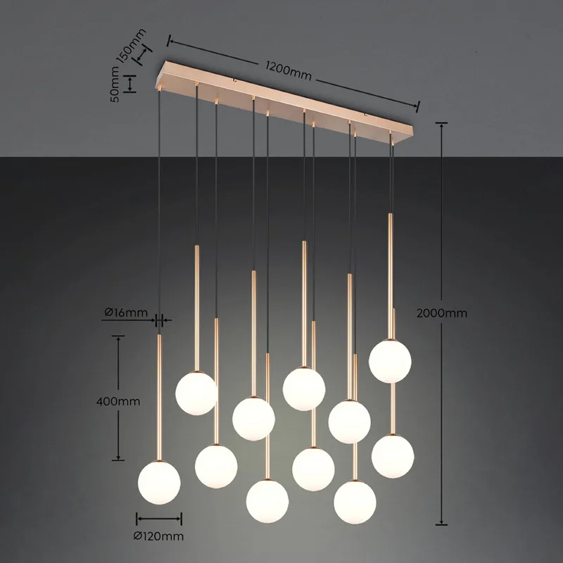 Hanglamp Firano, goudkleurig, lengte 129 cm, metaal, 11-lamps. de Trio en Or, Blanc – photo produit