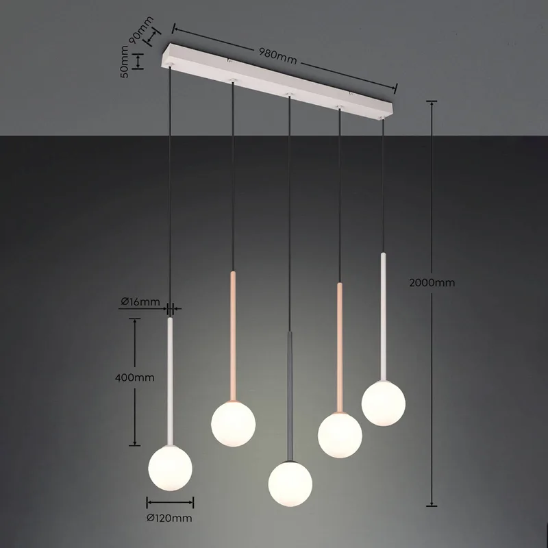 Hanglamp Firano, veelkleurig, lengte 107 cm, metaal, 5-lamps. von Trio in Kleurrijk, Weiß – Produktfoto
