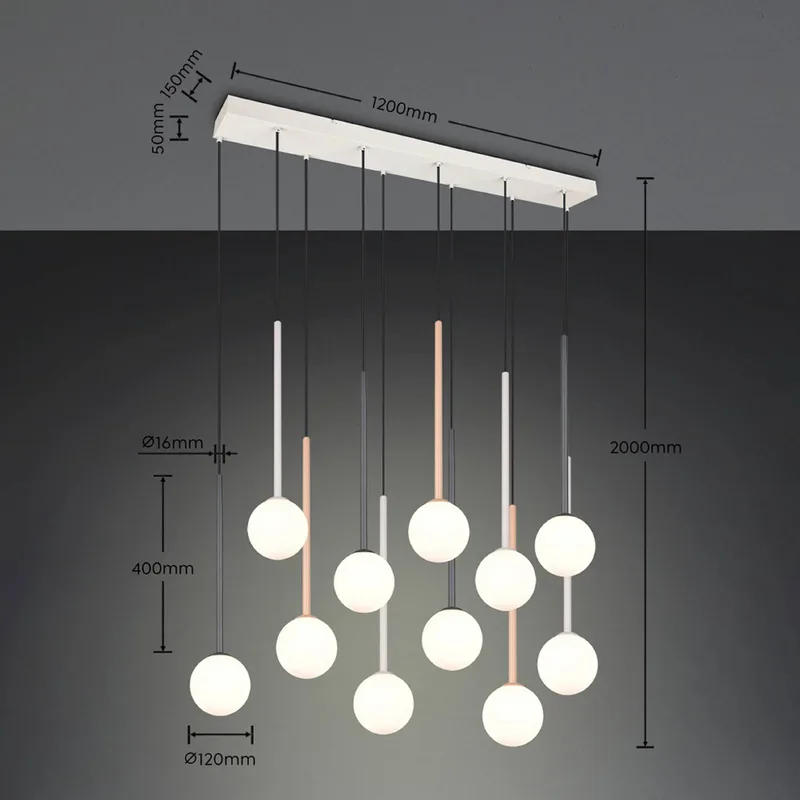 Hanglamp Firano, veelkleurig, lengte 129 cm, metaal, 11-lamps. de Trio en Kleurrijk, Blanc – photo produit
