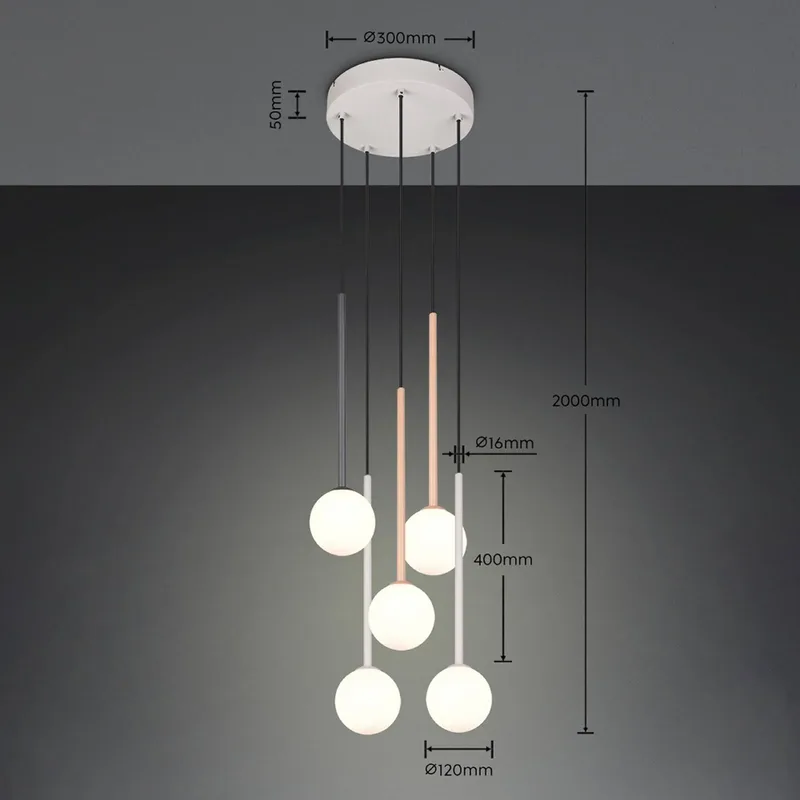 Hanglamp Firano, veelkleurig, Ø 36 cm, metaal, 5-lamps de Trio en Kleurrijk, Blanc – photo produit