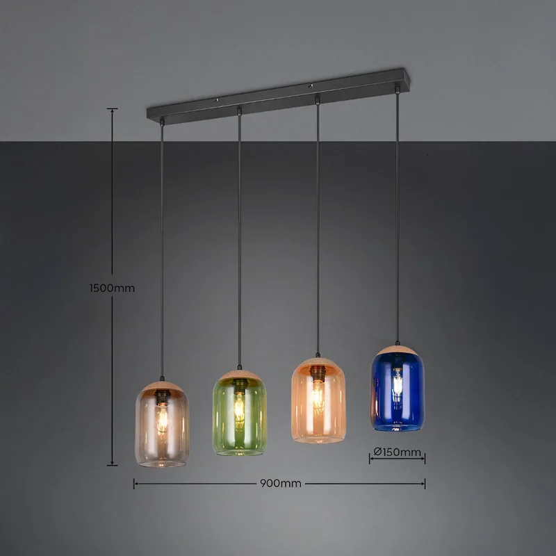 Hanglamp kurk, meerkleurig, lengte 90 cm, 4-lamps glas/kurk de Trio en Multicolore, Marron, Noir – photo produit