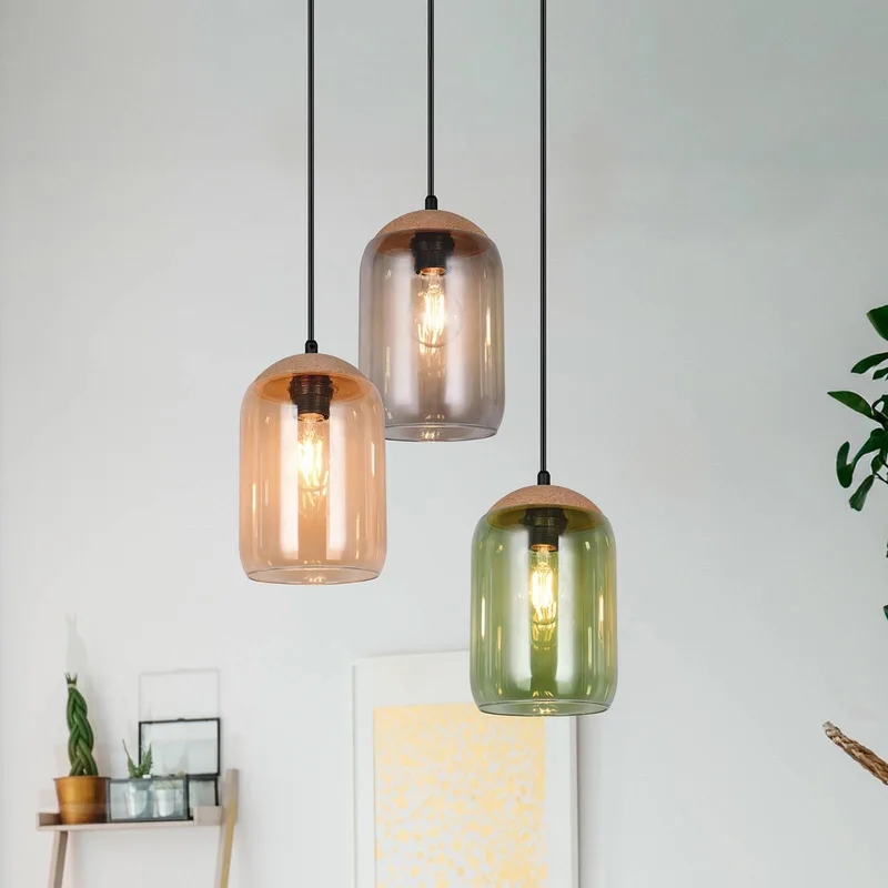 Hanglamp kurk, meerkleurig, Ø 30 cm, 3-lamps, glas/kurk de Trio en Multicolore, Marron, Noir – photo produit