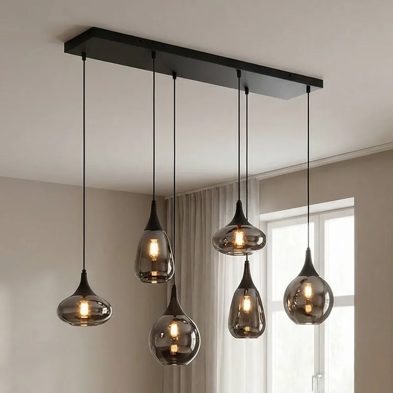 Hanglamp LUMINA, 6-lamps, zwart/chroom, glas de Trio en Matzwart, Chrome – photo produit