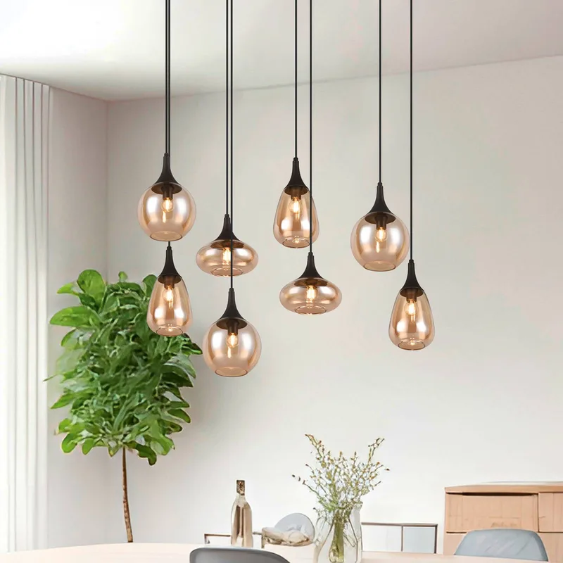 Hanglamp LUMINA, 8-lamps, zwart/oranje, glas fra Trio i Sort, Amber – produktbillede
