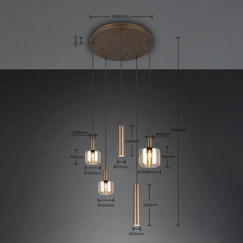 Hanglamp Mataro, beige, Ø 55 cm, 5-lamps, glas/metaal de Trio en Beige, Noir – photo produit