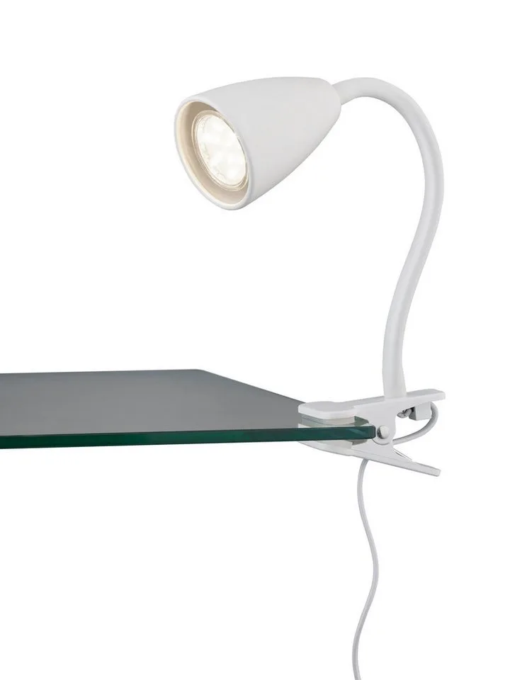 Klemmleuchte WANDA Leselampe mit Klemmhalterung exkl. 1xGU10 max 10W Schnurschalter, Ein-/Ausschalter, Leuchtmittel wechselbar, warmweiß - kaltweiß, flexibel verstellbar, ideal für Büro Regal Schreibtisch Arbeitsplatz von Trio in Weiß – Produktfoto