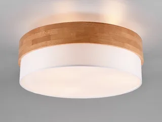 LED Deckenleuchte mit Holz & Stoff-Schirm Ø 50cm, dimmbar, LED wechselbar, Warmweiß, große Deckenlampe skandinavisch, Holz-Lampe Decke rund inkl. E27 LEDs von Trio in Weiß – Produktfoto 3 von 5