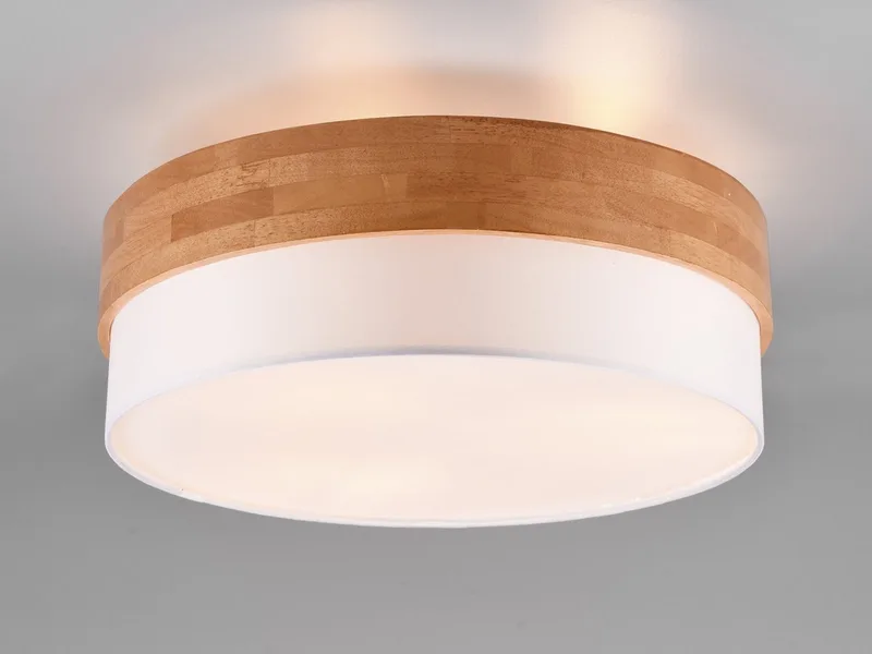 LED Deckenleuchte mit Holz & Stoff-Schirm Ø 50cm, dimmbar, LED wechselbar, Warmweiß, große Deckenlampe skandinavisch, Holz-Lampe Decke rund inkl. E27 LEDs von Trio in Weiß – Produktfoto 3 von 5