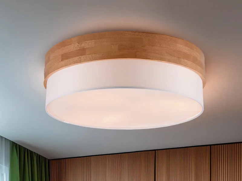 LED Deckenleuchte mit Holz & Stoff-Schirm Ø 50cm, dimmbar, LED wechselbar, Warmweiß, große Deckenlampe skandinavisch, Holz-Lampe Decke rund inkl. E27 LEDs von Trio in Weiß – Produktfoto 2 von 5