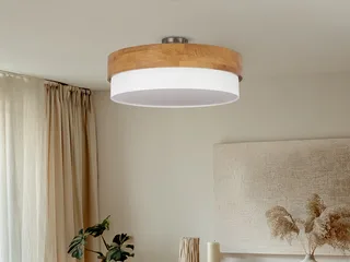 LED Deckenleuchte mit Holz & Stoff-Schirm Ø 50cm, dimmbar, LED wechselbar, Warmweiß, große Deckenlampe skandinavisch, Holz-Lampe Decke rund inkl. E27 LEDs von Trio in Weiß – Produktfoto 5 von 5