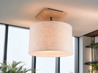 LED Deckenleuchte Stoffschirm Ø 35cm inkl. E27 LED, dimmbar, LED wechselbar, Warmweiß, Deckenlampe skandinavisch rund mit Holz Baldachin, inkl. E27 LED från Trio i Beige – produktbild 2 av 5