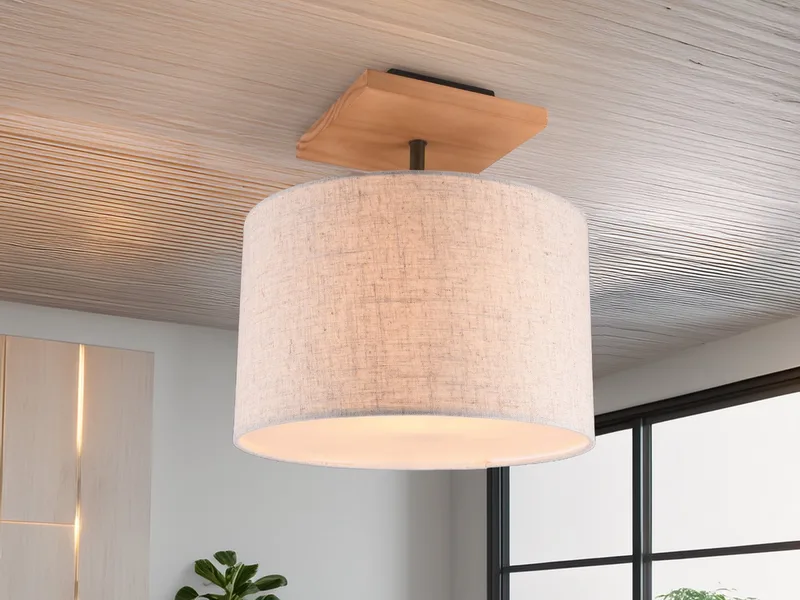 LED Deckenleuchte Stoffschirm Ø 35cm inkl. E27 LED, dimmbar, LED wechselbar, Warmweiß, Deckenlampe skandinavisch rund mit Holz Baldachin, inkl. E27 LED från Trio i Beige – produktbild 5 av 5