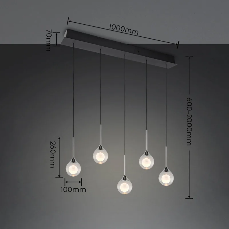 LED hanglamp Calista, chroom, lengte 100 cm, metaal/glas, 5-lamps de Trio en Chrome, Transparent, Blanc – photo produit