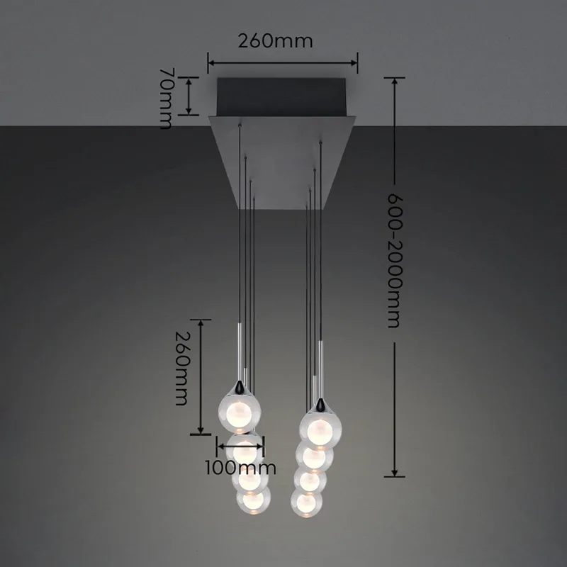 LED hanglamp Calista, chroom, lengte 90 cm, metaal/glas, 8-lamps de Trio en Chrome, Transparent, Blanc – photo produit