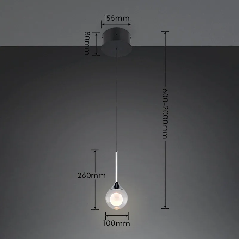 LED hanglamp Calista, chroomkleurig, Ø 10 cm, metaal/glas, CCT van Trio in Chroom, Transparant, Wit – productfoto