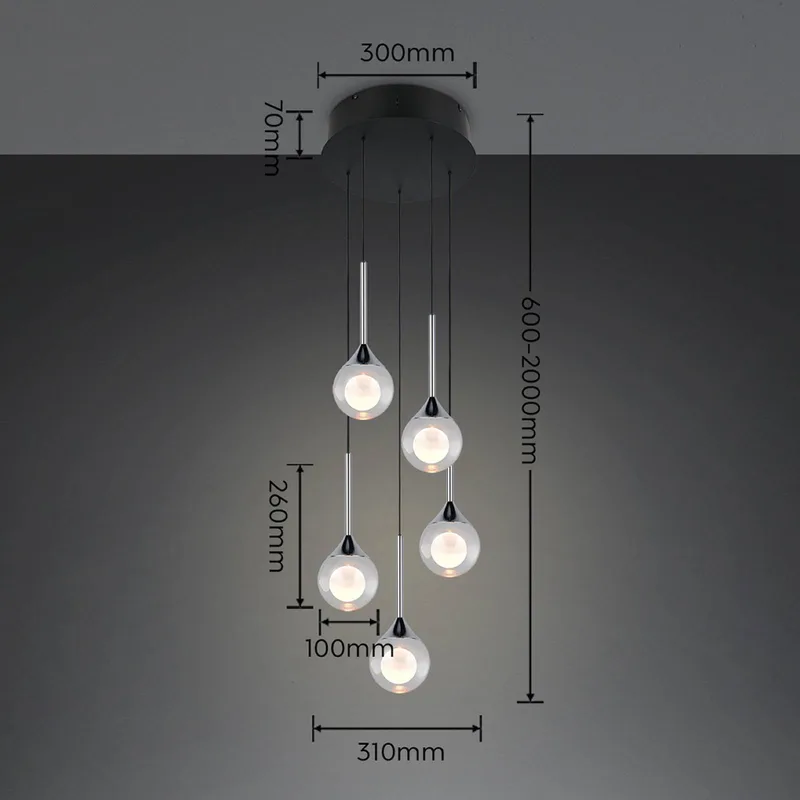 LED hanglamp Calista, chroomkleurig, Ø 31 cm, metaal/glas, 5-lamps van Trio in Chroom, Transparant, Wit – productfoto