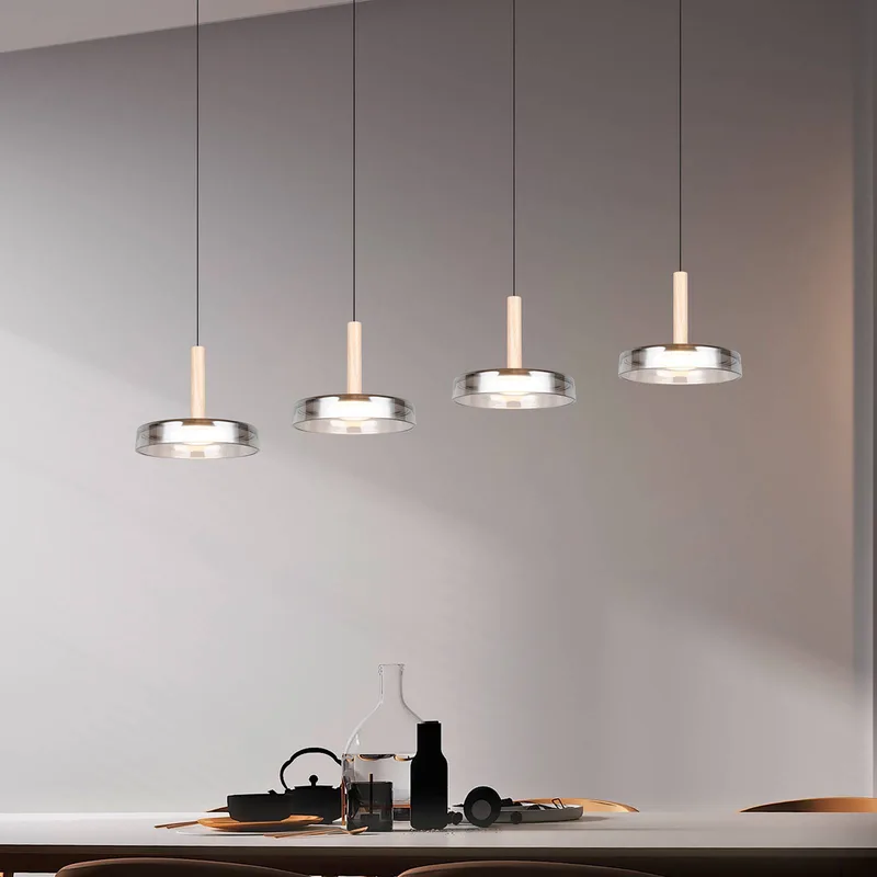 LED hanglamp Celeste chroom/hout 115 cm 4-lamps glas dimbaar de Trio en Chrome, Licht hout, Noir – photo produit