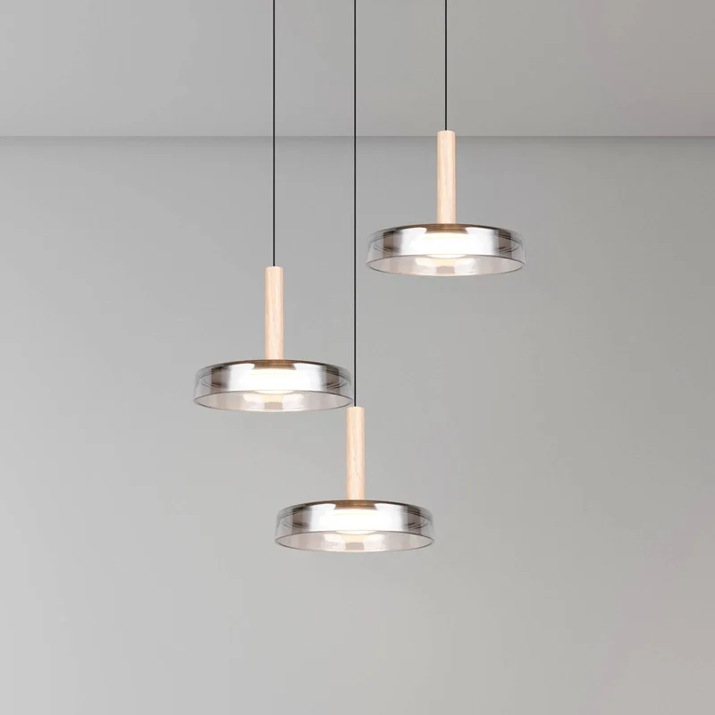 LED hanglamp Celeste, chroom/hout, Ø 35 cm 3-lamps glas dimbaar von Trio in Chrom, Licht hout, Schwarz – Produktfoto