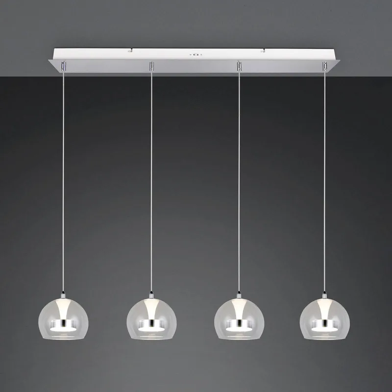 LED hanglamp Flynt, lengte 97 cm, chroomkleurig metaal, 4-lamps. de Trio en Chrome, Helder – photo produit