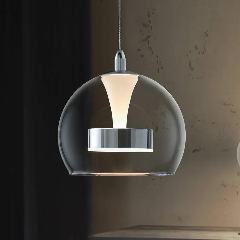 LED hanglamp Flynt, Ø 20 cm, chroomkleurig, metaal/glas, CCT de Trio en Chrome, Helder – photo produit
