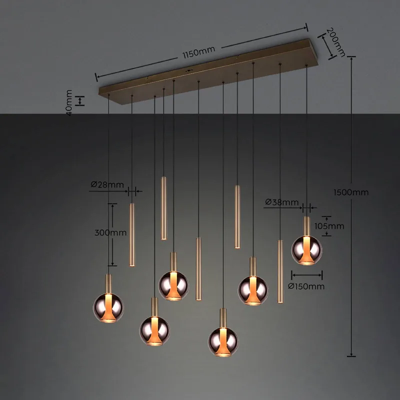 LED hanglamp Melaro, 120 cm platina, metaal/glas, 11-lamps. de Trio en Platina, Rookgrijs – photo produit