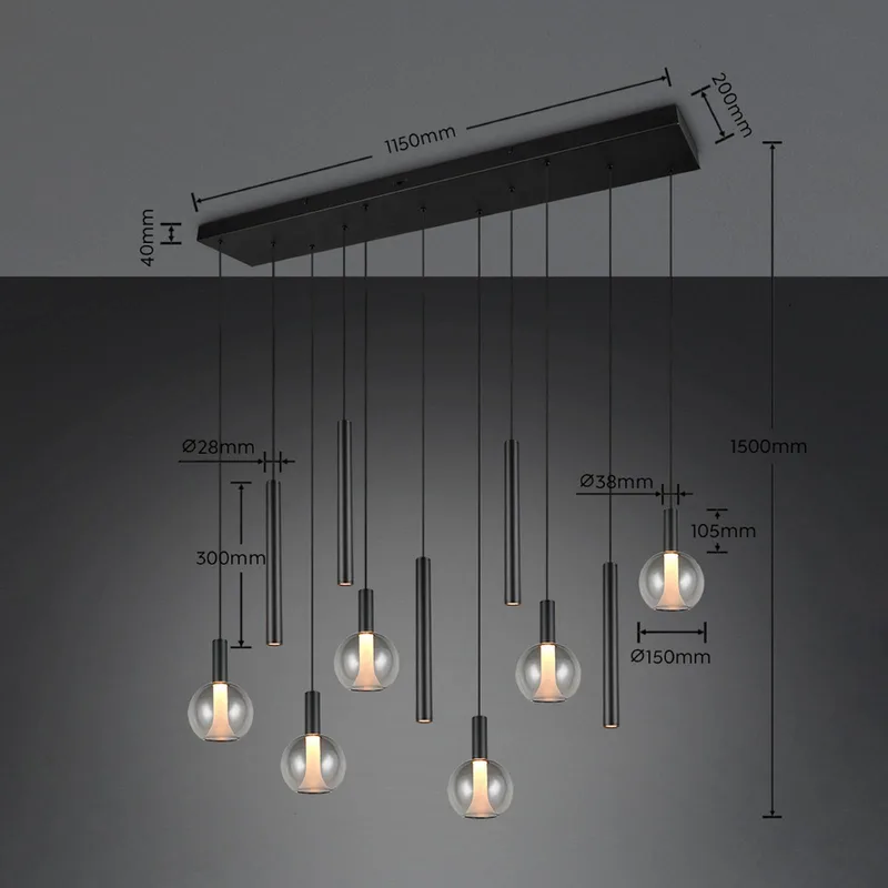LED-Hängelampe Melaro Länge 120cm schwarz Metall/Glas 11-flg von Trio in Schwarz, Rookgrijs – Produktfoto