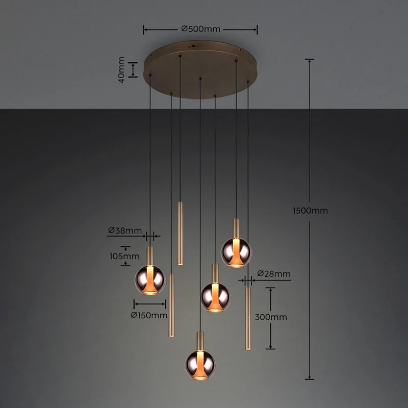 LED hanglamp Melaro Ø 59 cm platina, metaal/glas, CCT, 7-lamps de Trio en Platina, Rookgrijs – photo produit