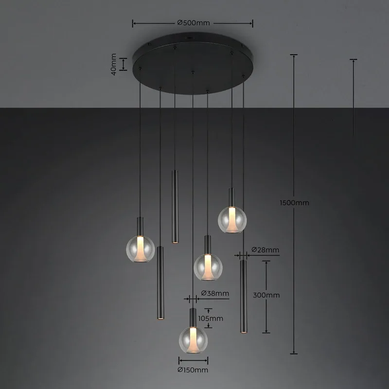 LED hanglamp Melaro Ø 59 cm zwart metaal/glas CCT 7-lamps de Trio en Noir, Rookgrijs – photo produit