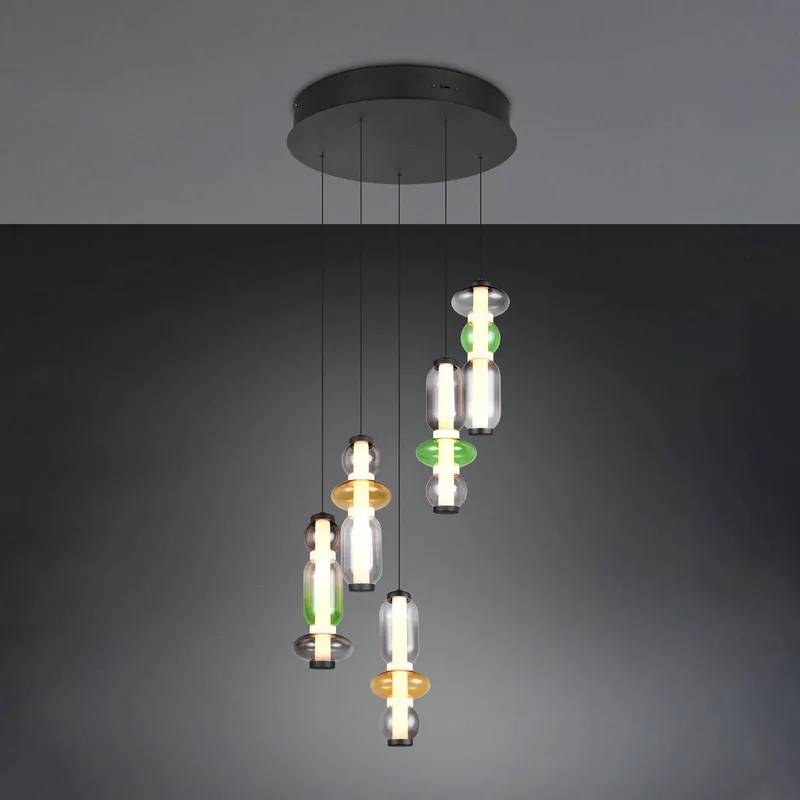 LED hanglamp Minerva, Ø 42 cm, kleurrijk, glas, CCT, 5-lamps. van Trio in Kleurrijk, Zwart – productfoto