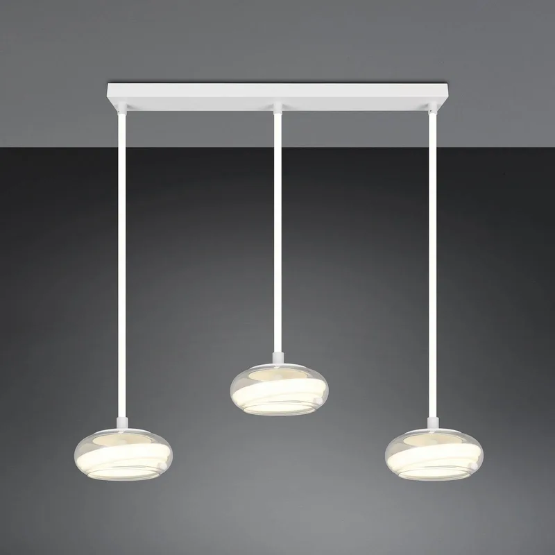 LED hanglamp Tarsia, mat wit, lengte 91 cm, glas, 3-lamps. de Trio en Wit mat – photo produit