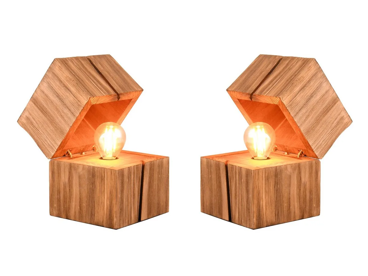 LED Nachttischlampe, Klappkontaktschalter, LED wechselbar, Warmweiß, 2er SET kleine ausgefallen-e Natur Holz-lampe Fensterbank, Höhe 16cm von Trio in Beige – Produktfoto