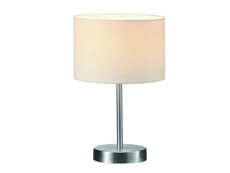 LED Nachttischlampe mit Stoff Lampenschirm Höhe 32cm, dimmbar, LED wechselbar, Warmweiß, Designklassiker Tischlampe für Sideboard & Fensterbank, inkl. E14 LED von Trio in Silber, Weiß – Produktfoto