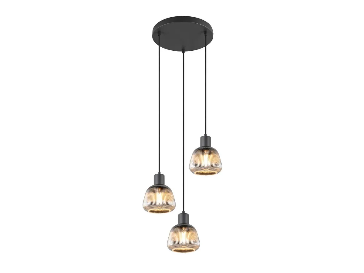 LED Pendelleuchte, Dimmfunktion, LED wechselbar, warmweiß, 3er Cluster Rauch-Glas Chrom Lampenschirm hängend über Esstisch Ø37cm fra Trio i Grå, Sort – produktbillede