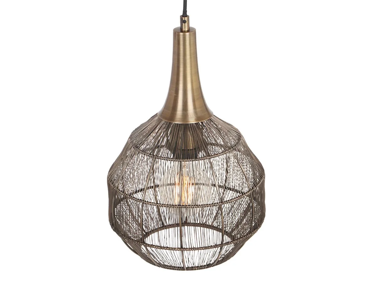LED Pendelleuchte, Dimmfunktion, LED wechselbar, warmweiß, klein-e Drahtgeflecht einflammig hängend über-n Esstisch, Ø26cm von Trio in Gold – Produktfoto