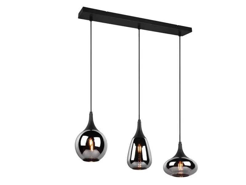 LED Pendelleuchte Glas Chrom verspiegelt, Breite 69cm, dimmbar, LED wechselbar, Warmweiß, ausgefallene Hänge-Lampe Esstisch dreiflammig, Esszimmerlampe hängend de Trio en Noir – photo produit