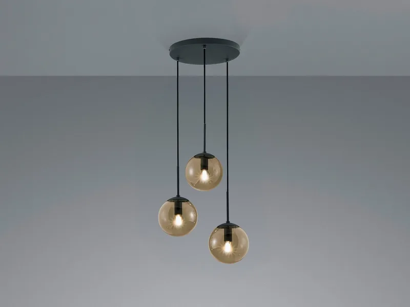 LED Pendelleuchte, LED wechselbar, Warmweiß, ausgefallene Cluster Lampe dreiflammig mit Glaskugeln aus Rauchglas de Trio en Noir – photo produit 3 sur 5