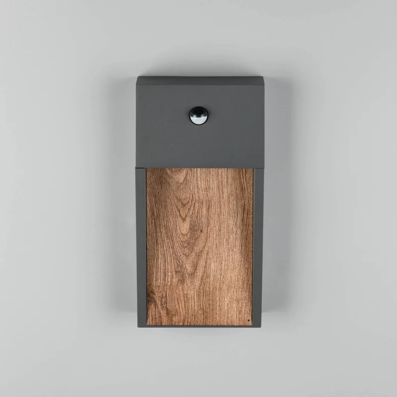 LED-sensor buitenwandlamp SALMON, houtlook, hoogte 33 cm IP44 fra Trio i Hout – produktbillede
