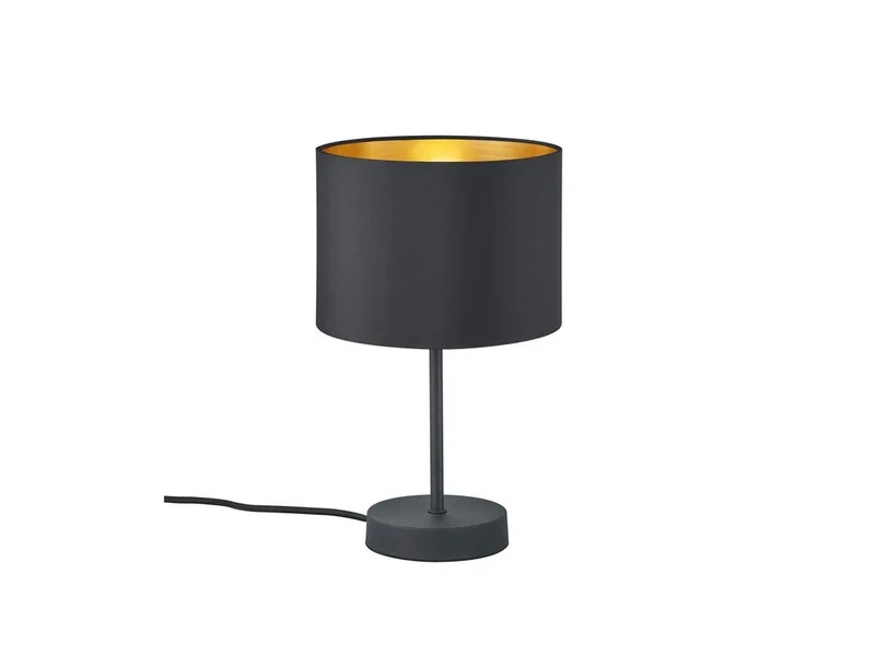 LED Tischleuchte, Dimmfunktion, LED wechselbar, Warmweiß, dimmbar für Fensterbank, Design-er Stoff Lampen-schirm Gold von Trio in Schwarz – Produktfoto
