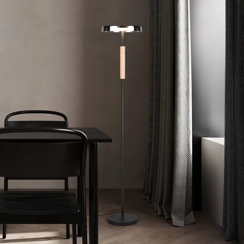 LED vloerlamp Celeste chroom/hout 160 cm glas/metaal Touchdim från Trio i Krom, Licht hout, Svart – produktbild