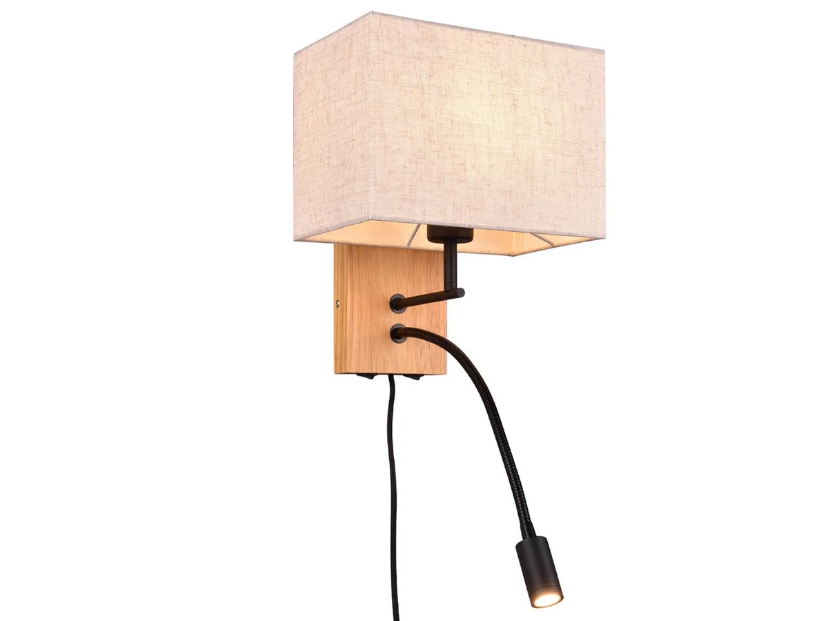 LED Wandleuchte mit Leselampe & Schalter, Höhe 30cm, dimmbar, LED fest integriert, LED wechselbar, warmweiß, innen Wand-Lampe mit Kabel und Stecker, Holz Nachttischlampe Bett de Trio en Beige – photo produit