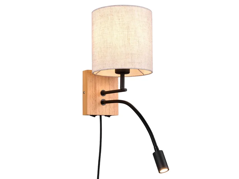 LED Wandleuchte mit Leselampe & Schalter, Höhe 30cm, dimmbar, LED fest integriert, LED wechselbar, warmweiß, innen Wand-Lampe mit Kabel und Stecker, Holz Nachttischlampe Bett van Trio in Beige – productfoto