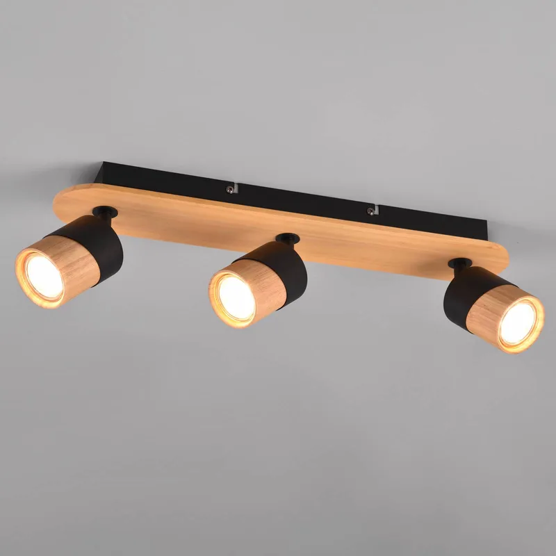 Plafondspot Aruni van hout, 3-lamps zwart de Trio en Noir, Licht hout – photo produit