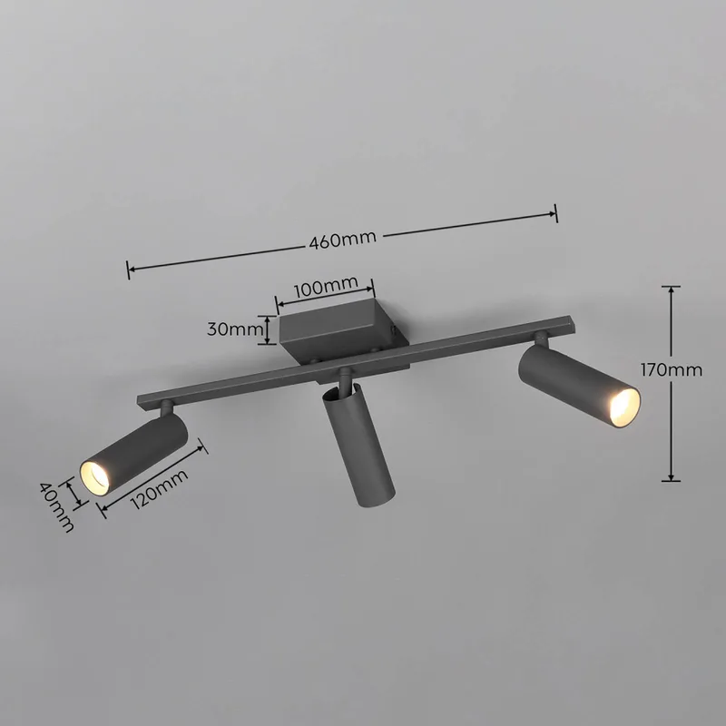 Plafondspot Dara, lengte 46 cm, metaal, 3-lamps. de Trio en Anthracite – photo produit