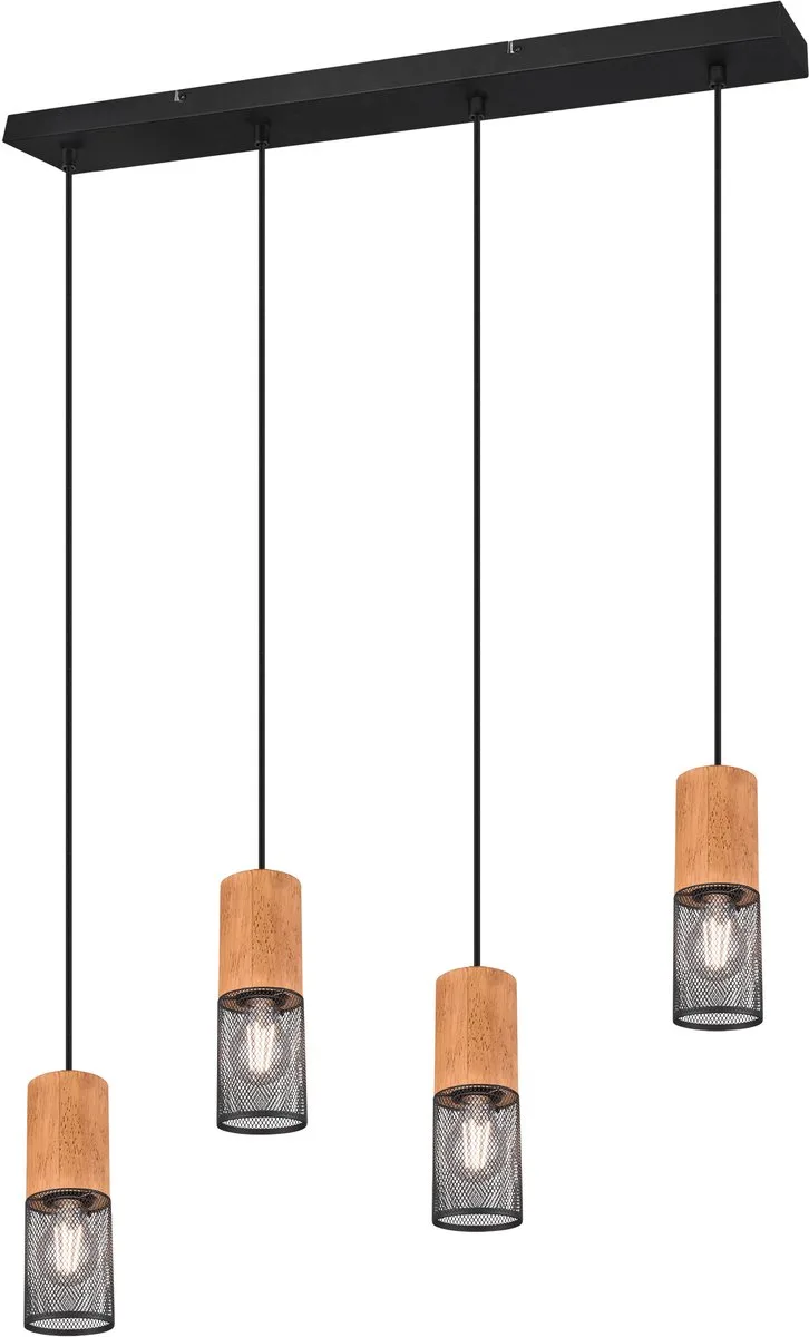 TOSH - Hanglamp - excl. 4x E27 40W - Aansparbaar in hoogte - Houten elementen de Trio en Noir – photo produit